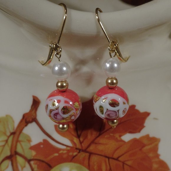 Handmade drop-style Murano earrings in Mediterranean orange with lampwork - Picture 5 of 10